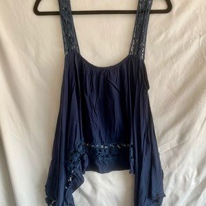 Blue Tank Top- Lace Strap Detail, Flowy Fit